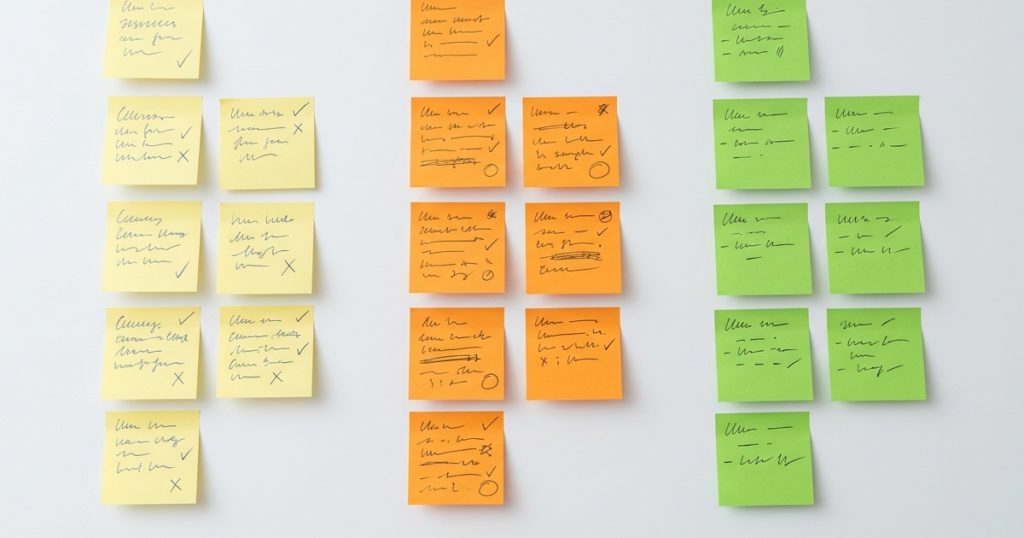 Post-its colorés organisés en colonnes sur un bureau blanc représentant le tri et la priorisation des tâches à automatiser