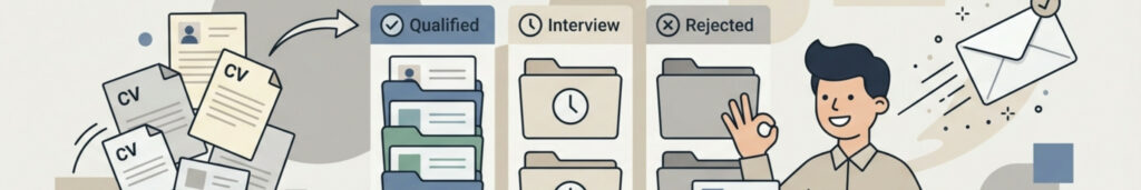Candidatures triées en colonnes et accusé de réception envoyé automatiquement, validé par un humain.